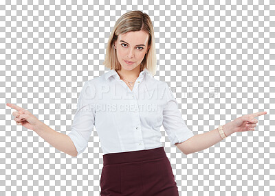 Buy stock photo Pointing, direction and portrait of a woman with a option, choice or decision hand gesture. Marketing, upset and annoyed young female model with a choosing sign isolated by transparent png background