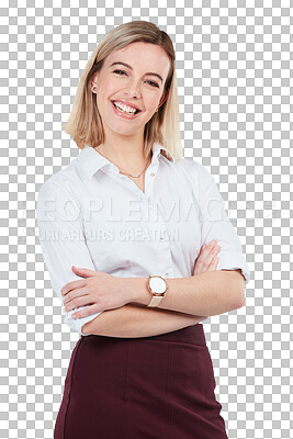 Buy stock photo Corporate, confidence and portrait of happy woman isolated on transparent png background, proud secretary with arms crossed. Business, smile and businesswoman or receptionist with pride at startup.