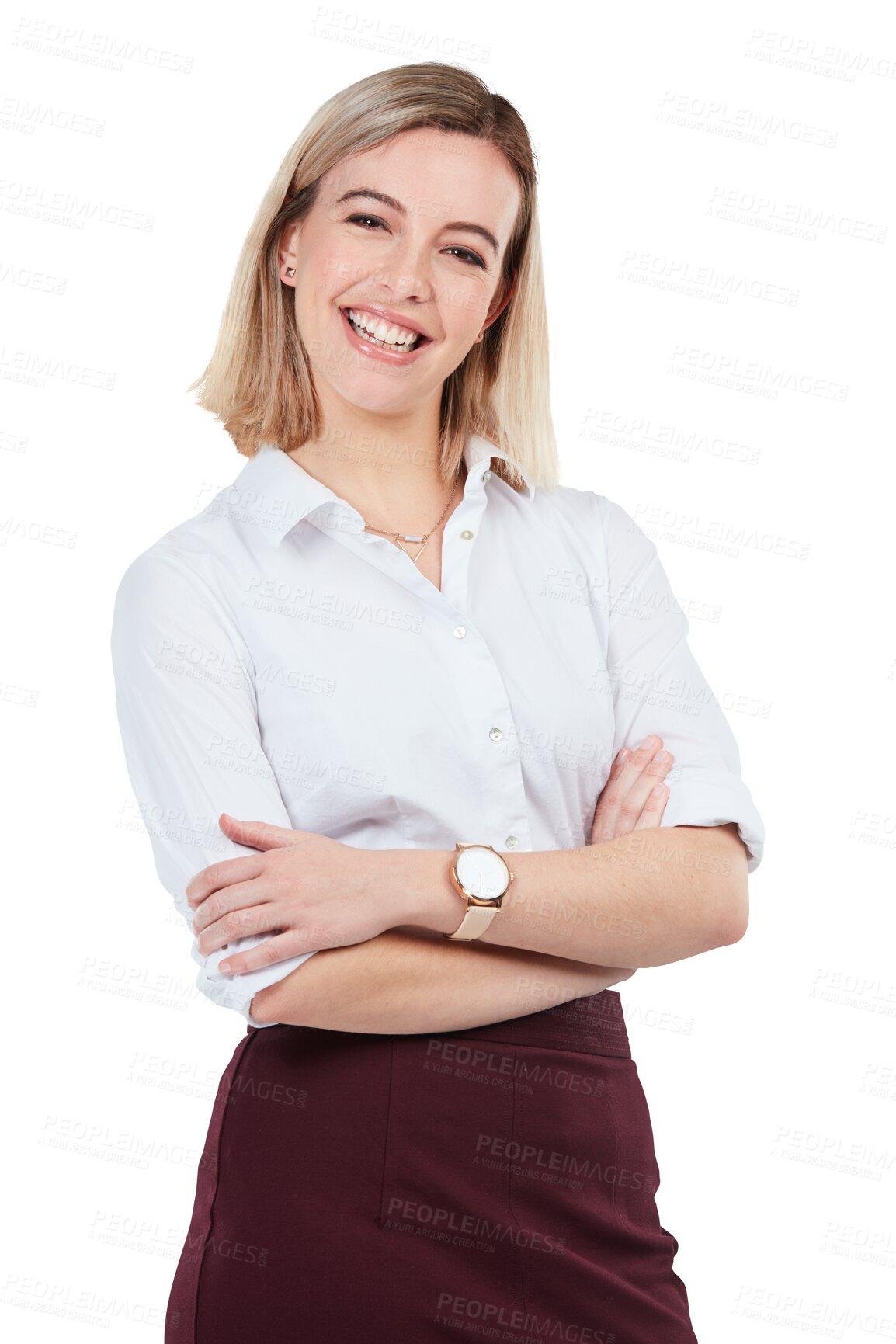 Buy stock photo Corporate, confidence and portrait of happy woman isolated on transparent png background, proud secretary with arms crossed. Business, smile and businesswoman or receptionist with pride at startup.