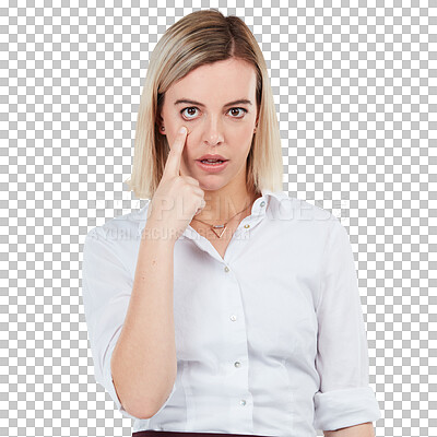 Buy stock photo Face, pointing at eye or woman with watching you emoji gesture for suspicious behaviour, supervision or spying. Facial expression, spy portrait or female agent isolated on transparent, png background