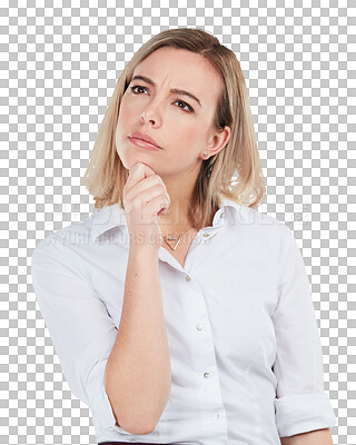 Buy stock photo Thinking, face and business woman planning ideas, strategy plan or brainstorming solution, idea or problem solving. Decision, remember and professional person isolated on transparent, png background