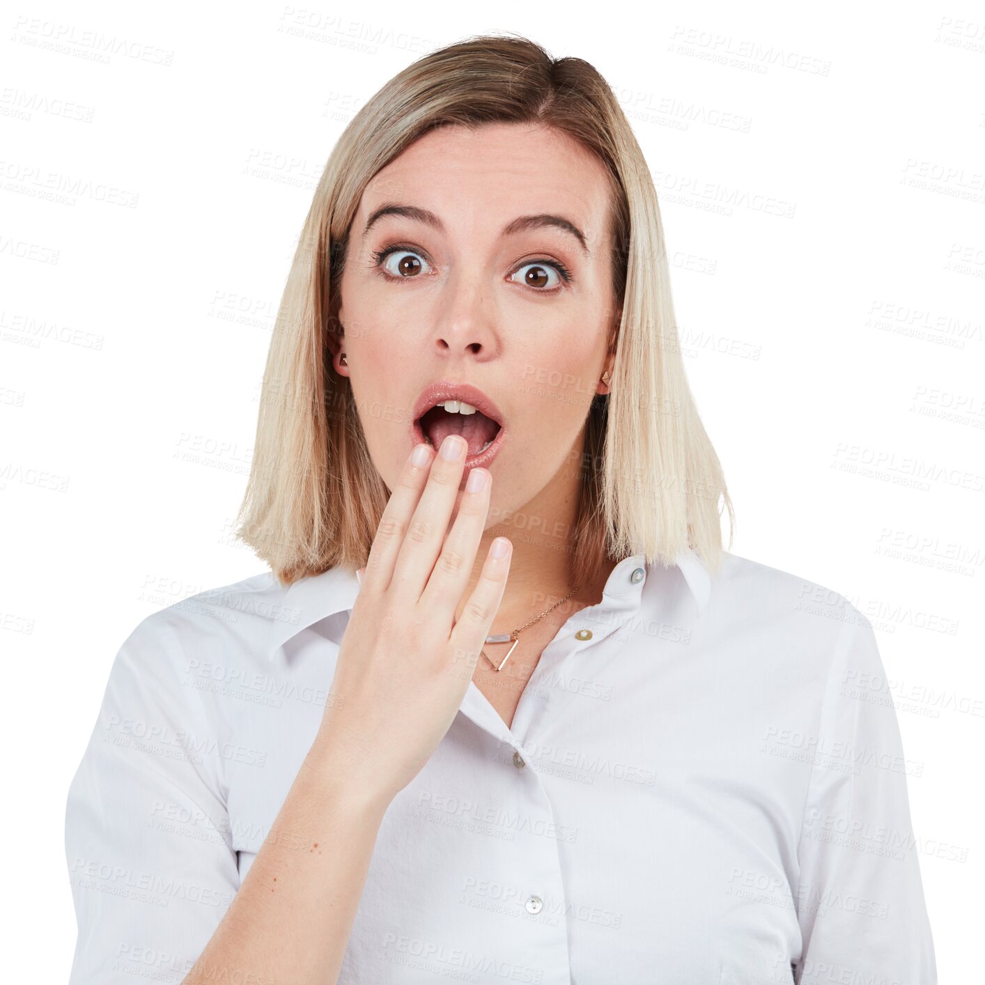 Buy stock photo Surprise, woman and portrait with shock at news in png or isolated with transparent background with entrepreneur. Wow, omg and amazed expression with female person about announcement or gossip.
