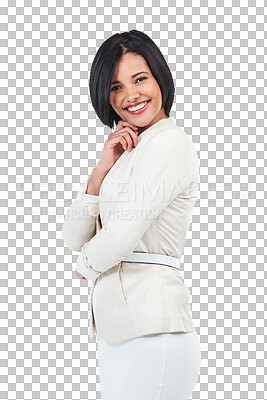 Buy stock photo Business, smile and portrait of happy woman isolated on transparent png background, secretary with positive mindset. Corporate businesswoman, receptionist employee with pride and confidence
