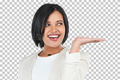 Buy stock photo Excited, business woman face and palm presentation of corporate sales offer, discount or product launch. Promo, logo and professional female brand ambassador isolated on a transparent, png background