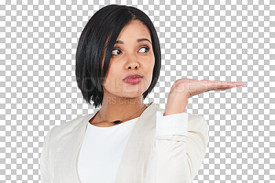 Buy stock photo Presentation, palm gesture or business woman face looking at corporate sale info, brand logo or product choice. Announcement, commercial or professional person isolated on transparent, png background