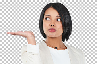 Buy stock photo Presentation, woman face and palm gesture for business advertising info, brand logo design or product sales. Announcement, commercial and corporate person isolated on a transparent, png background