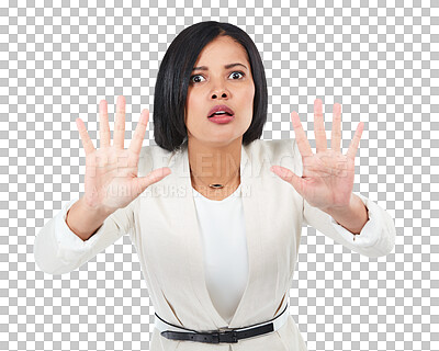 Buy stock photo Portrait, stop and palm with a woman isolated on a transparent background to deny using a gesture. Hand, warning and protest with a young female person on png to reject harassment or inequality vote