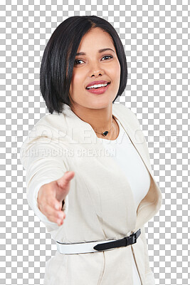 Buy stock photo Business woman, portrait and handshake gesture for acquisition, partnership deal or b2b contract agreement. HR manager, hand shake offer or hiring person isolated on transparent, png background