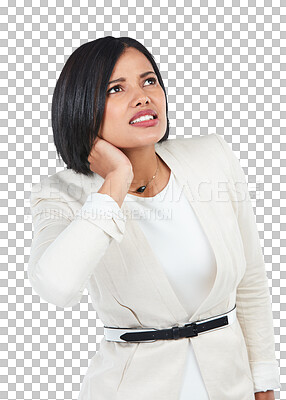 Buy stock photo Neck pain, injury problem and business woman massage muscle ache, sore sprain or medical emergency crisis from accident. Bad joint, hurt and corporate person isolated on transparent, png background