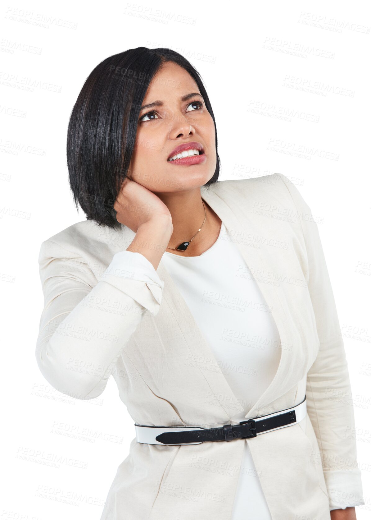 Buy stock photo Neck pain, injury problem and business woman massage muscle ache, sore sprain or medical emergency crisis from accident. Bad joint, hurt and corporate person isolated on transparent, png background