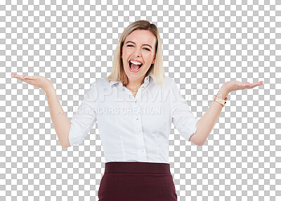 Buy stock photo Happy, choice and portrait of a woman with hands for advertising, promotion or branding. Smile, decision and a young employee or promoter with palm gesture isolated on a transparent png background