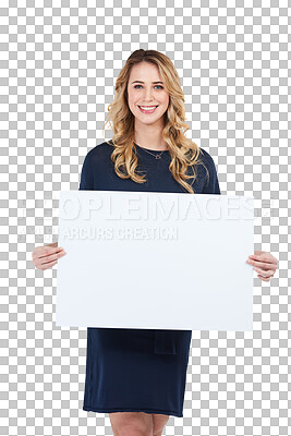 Buy stock photo Billboard, portrait and happy business woman with news sign, promotion deal or commercial poster. Sales. announcement, brand discount and professional person isolated on transparent, png background