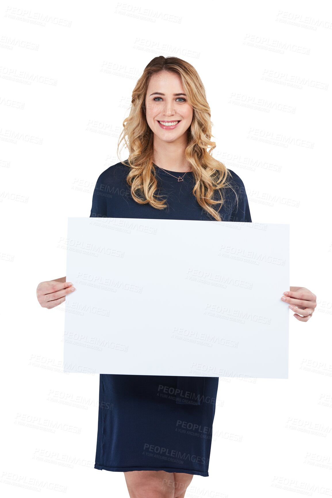 Buy stock photo Billboard, portrait and happy business woman with news sign, promotion deal or commercial poster. Sales. announcement, brand discount and professional person isolated on transparent, png background