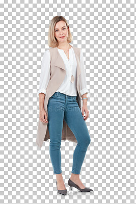 Buy stock photo Portrait, fashion and attitude with a trendy woman isolated on transparent background for designer style. Clothes, jeans and person or attractive young female model on PNG in stylish clothing