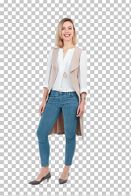 Buy stock photo Isolated young woman, smile and portrait with fashion, business confidence and pride on transparent png background. Happy creative designer in trendy clothes, beautiful modern style or jeans for work
