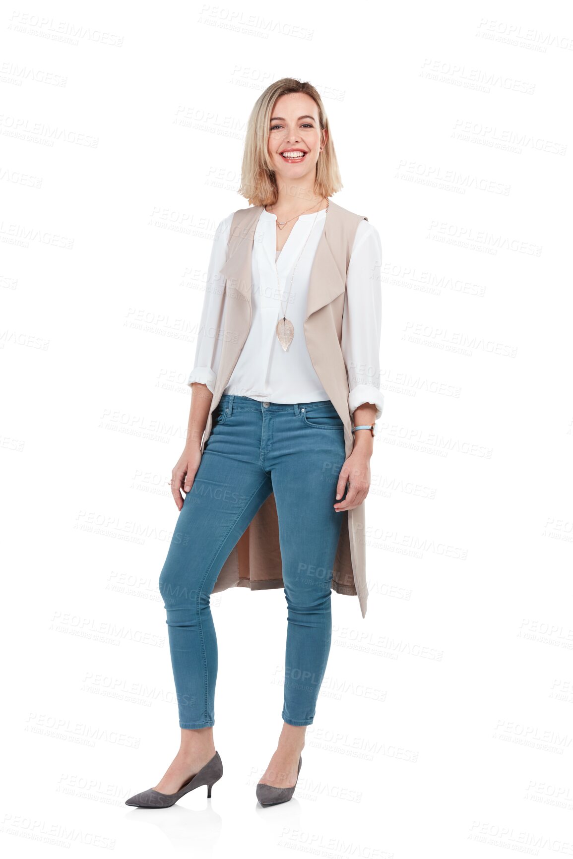 Buy stock photo Isolated young woman, smile and portrait with fashion, business confidence and pride on transparent png background. Happy creative designer in trendy clothes, beautiful modern style or jeans for work