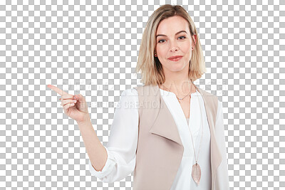 Buy stock photo Portrait, pointing and happy business woman gesture at corporate services info, brand promotion or product offer. Branding, commercial and professional person isolated on transparent, png background