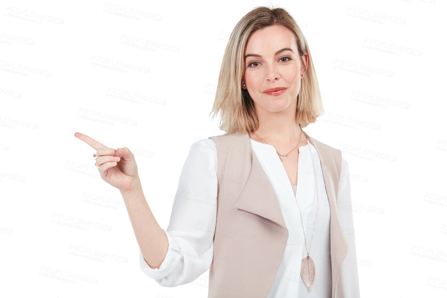 Buy stock photo Portrait, pointing and happy business woman gesture at corporate services info, brand promotion or product offer. Branding, commercial and professional person isolated on transparent, png background