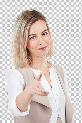 Buy stock photo Happy woman, professional portrait and hand shake gesture for thank you, business deal success or B2C contract agreement. HR, recruitment and hiring person isolated on transparent, png background
