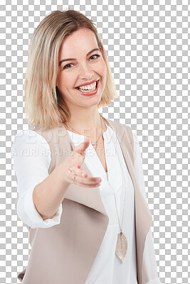 Buy stock photo Business woman, extended hand or handshake for partner deal isolated on a transparent, png background. Female person protrait with hands for recruitment, hr or hiring greeting and trust or agreement
