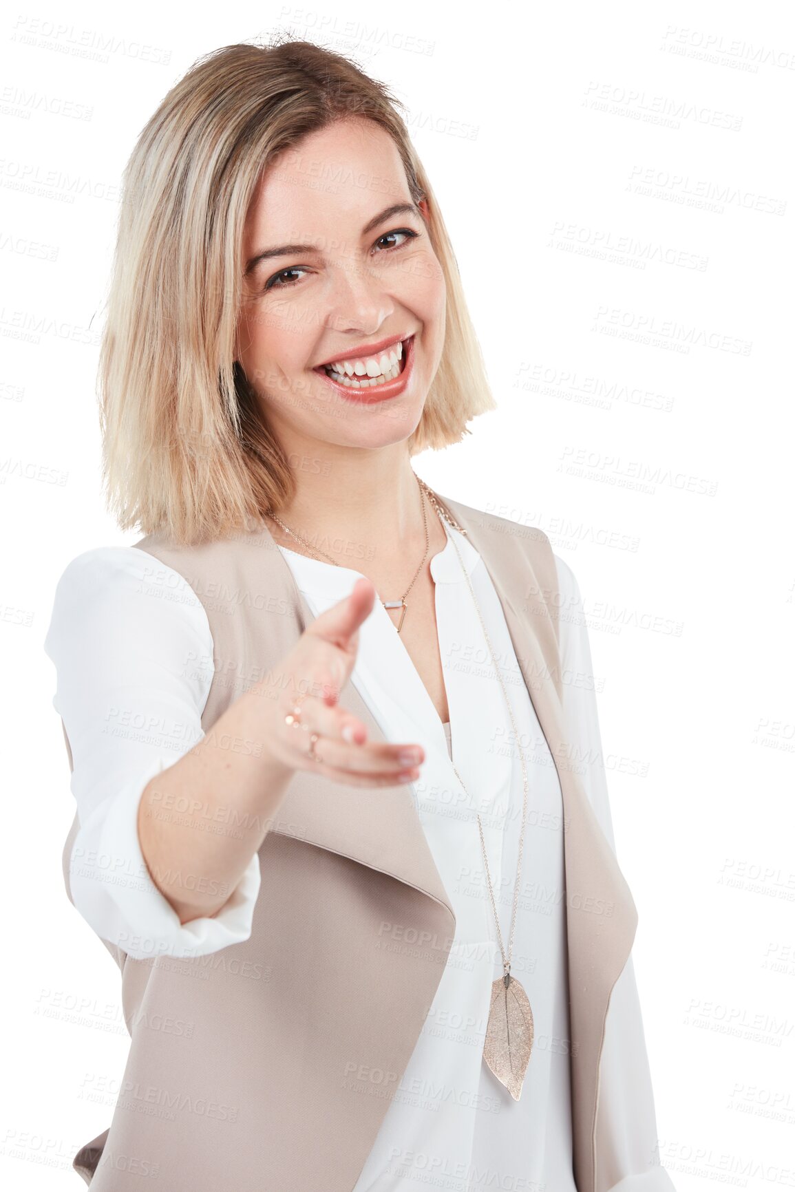 Buy stock photo Business woman, extended hand or handshake for partner deal isolated on a transparent, png background. Female person protrait with hands for recruitment, hr or hiring greeting and trust or agreement
