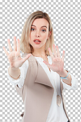 Buy stock photo Portrait, stop and protest with a woman isolated on a transparent background to deny using a gesture. Hand, palm and warning with a young female person on png to reject harassment or inequality
