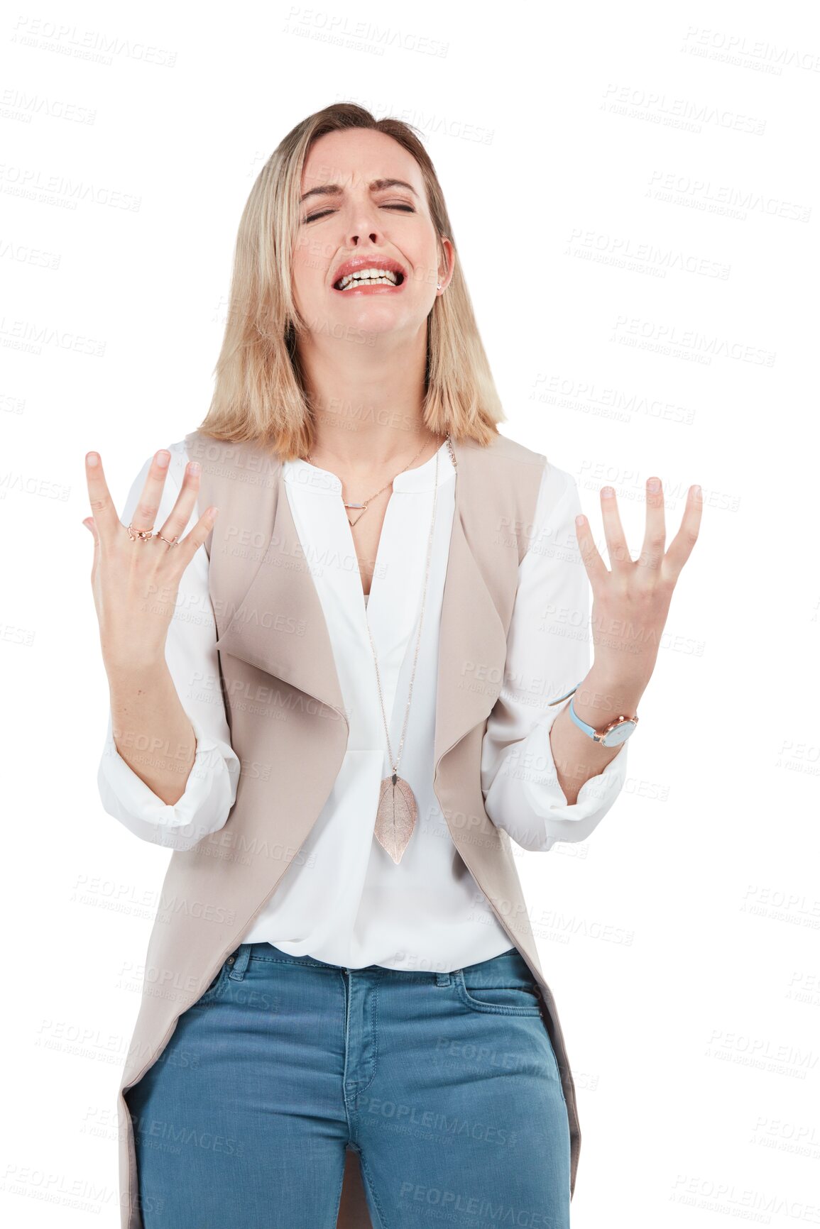 Buy stock photo Frustrated, woman and angry with drama or stress in png or isolated and transparent background. Upset, female person and anxious with failure or bad news with crying about mistake or emotions.