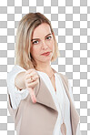PNG Studio shot of a young woman showing a thumbs down gesture