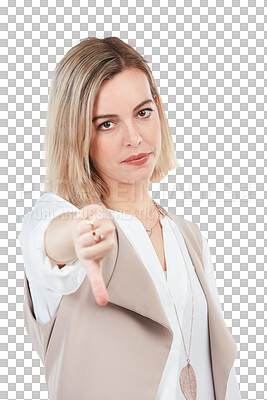 Buy stock photo Portrait, serious and thumbs down with an unhappy woman isolated on transparent background to reject or deny. Hand, angry or wrong with a young female person on PNG to gesture no in disagreement