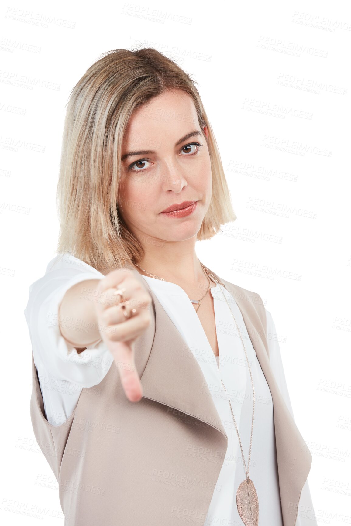 Buy stock photo Portrait, serious and thumbs down with an unhappy woman isolated on transparent background to reject or deny. Hand, angry or wrong with a young female person on PNG to gesture no in disagreement