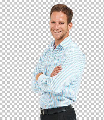 Buy stock photo Portrait, fashion and arms crossed with a man model isolated on transparent background for trendy style. Face, smile and clothes with a happy young male person posing in a confident outfit on PNG