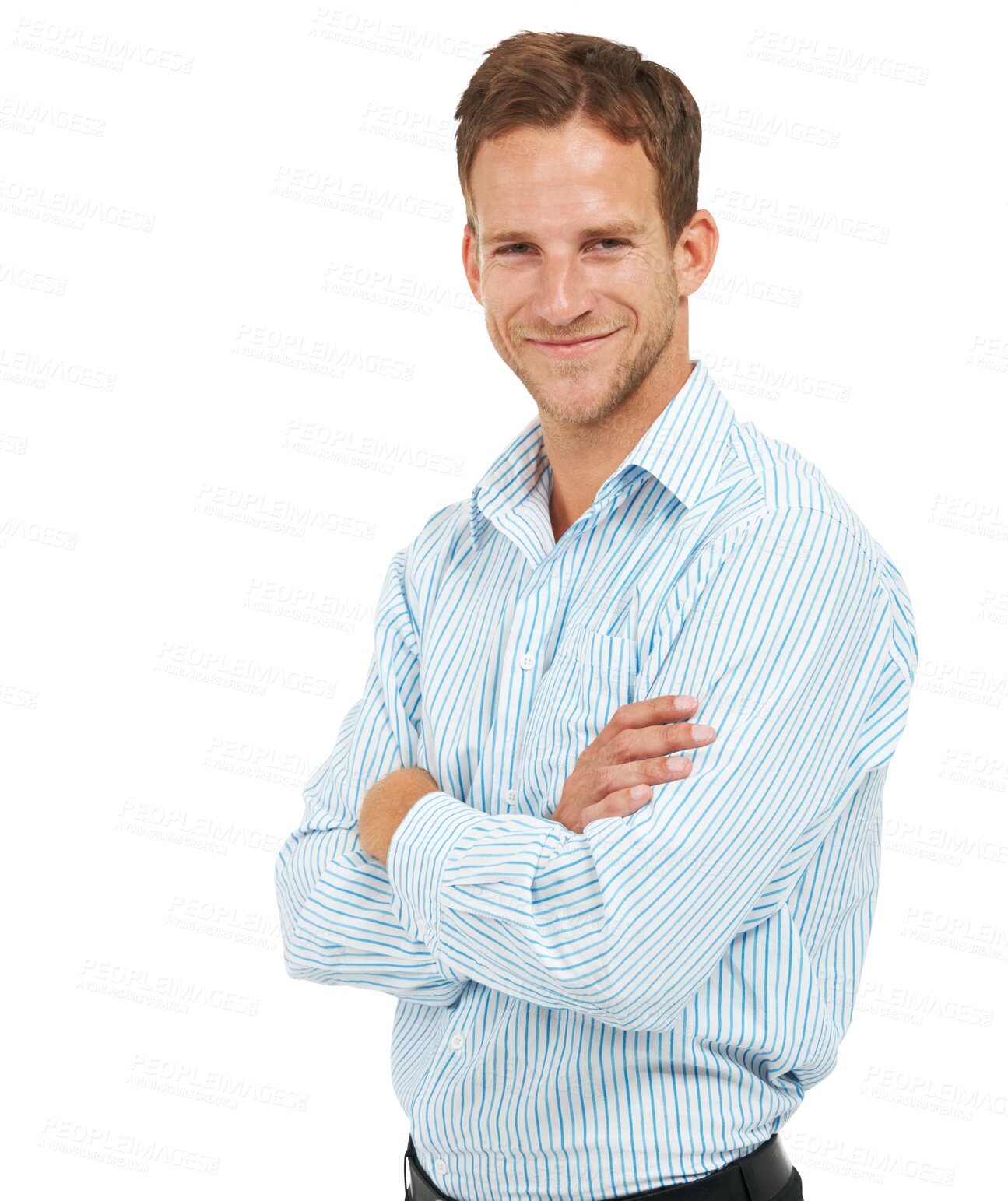 Buy stock photo Portrait, smile and arms crossed with a business man isolated on a transparent background for work style. Professional, happy and confident with a handsome young male employee standing on PNG