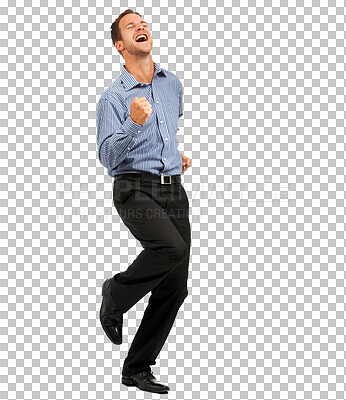 Buy stock photo Isolated business man, fist celebration and excited for winning, goal and transparent png background. Young businessman, entrepreneur or winner with success, bonus or celebrate profit on stock market