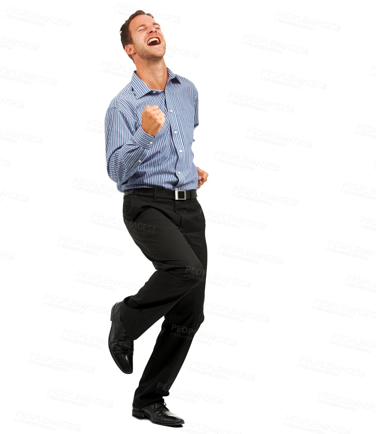Buy stock photo Isolated business man, fist celebration and excited for winning, goal and transparent png background. Young businessman, entrepreneur or winner with success, bonus or celebrate profit on stock market