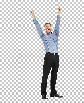 Buy stock photo Isolated business man, winning celebration and portrait for goal, excited or transparent png background. Businessman, entrepreneur or winner with success, bonus or celebrate profit on stock market