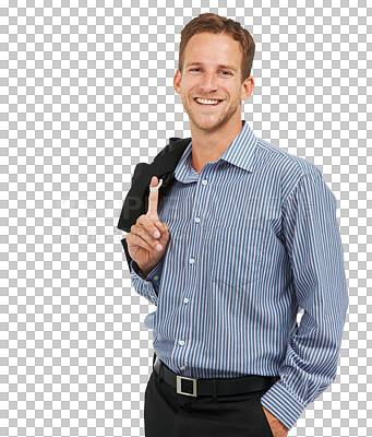 Buy stock photo Portrait, fashion and happy with a business man isolated on a transparent background for corporate style. Smile, professional and confidence with a proud young male employee on PNG in work clothes