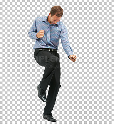 Buy stock photo Isolated business man, winning and fist celebration for goals, excited and transparent png background. Businessman, entrepreneur and winner with success, bonus or profit achievement on stock market