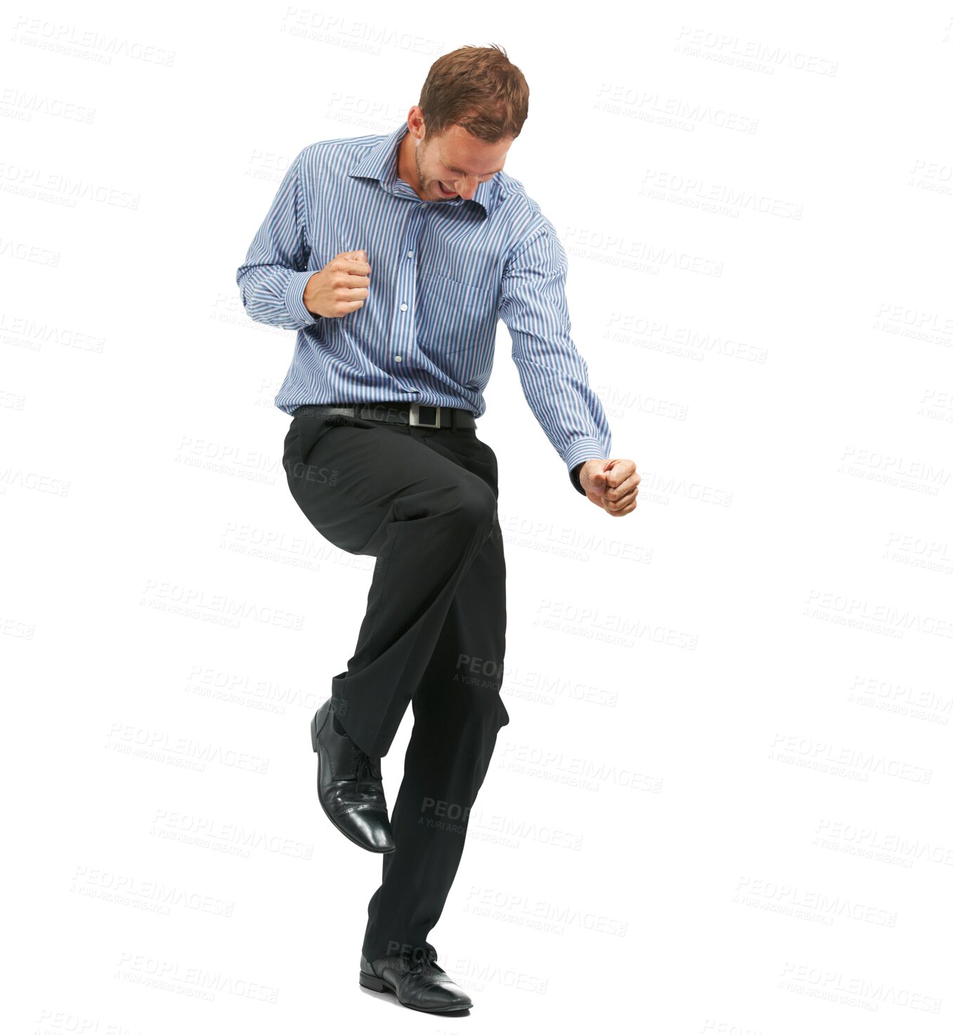 Buy stock photo Isolated business man, winning and fist celebration for goals, excited and transparent png background. Businessman, entrepreneur and winner with success, bonus or profit achievement on stock market