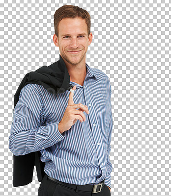 Buy stock photo Portrait, fashion and model with a business man isolated on a transparent background for corporate style. Smile, professional and pride with a happy young male employee on PNG in formal clothes