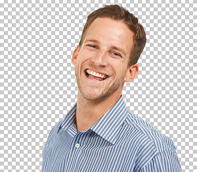 Buy stock photo Portrait, humor and smile with a carefree man isolated on transparent background for trendy style. Face, funny or silly with a handsome and happy young male comic laughing at comedy or a joke on PNG