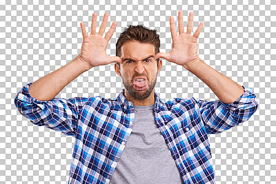 Buy stock photo Comic, funny and portrait of a man with a face for expression, making fun and crazy character. Emotion, joke and a person gesturing for a facial tease or humor isolated on transparent png background
