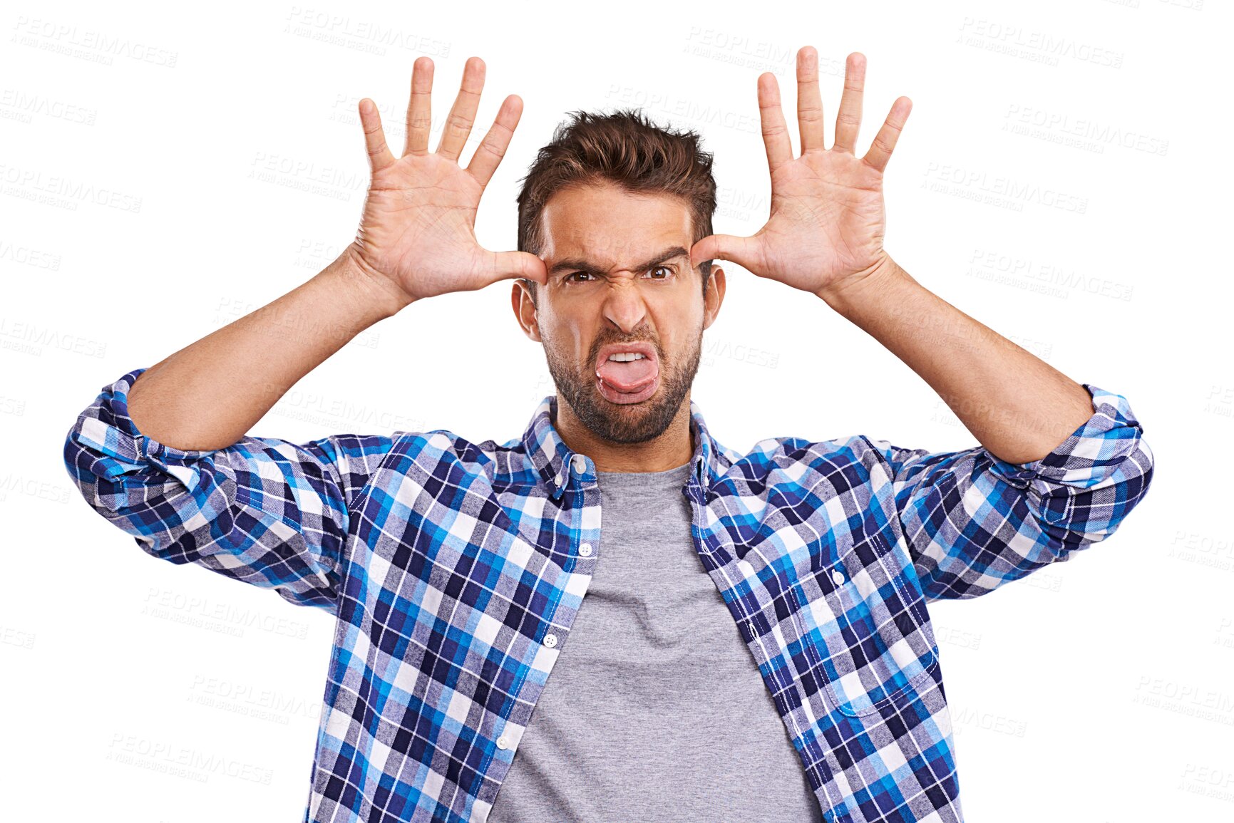 Buy stock photo Comic, funny and portrait of a man with a face for expression, making fun and crazy character. Emotion, joke and a person gesturing for a facial tease or humor isolated on transparent png background