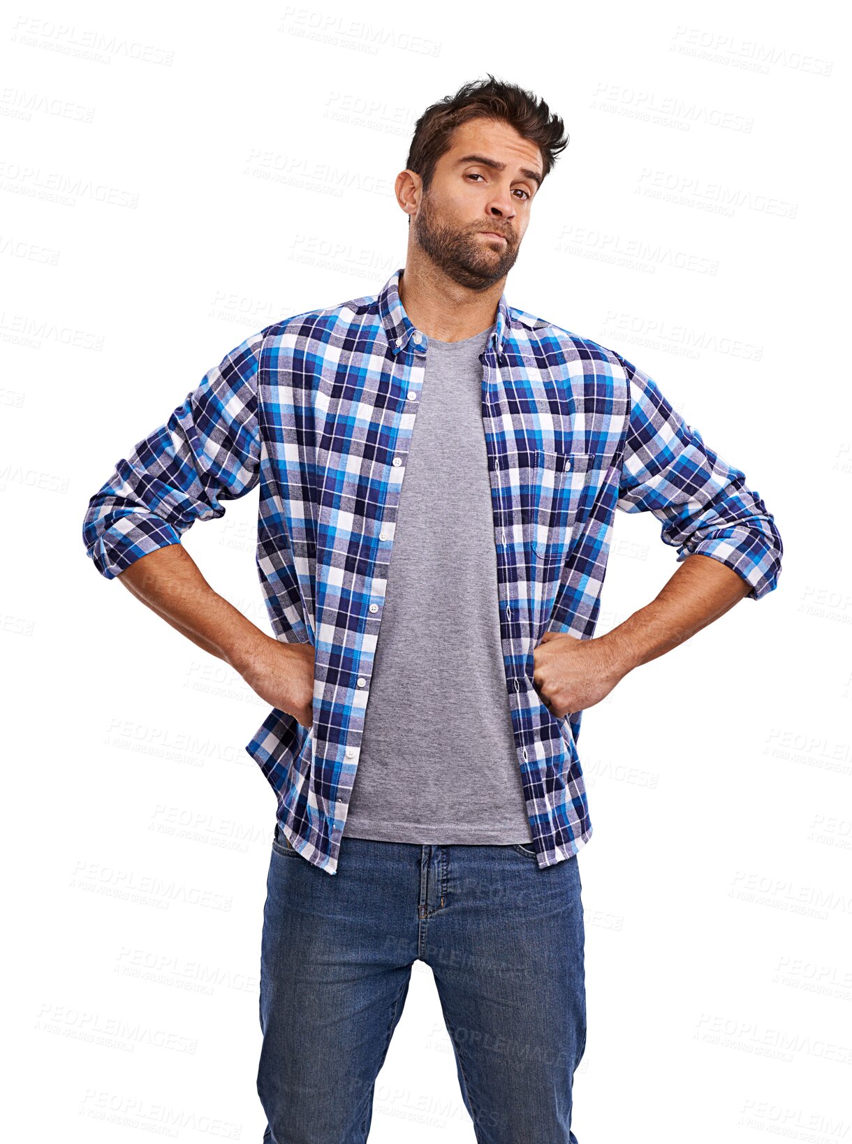 Buy stock photo Angry, hands on hips and portrait of a man isolated on a transparent, png background with doubt. Casual and serious male person with a frown for problem, bad choice review or tough guy character