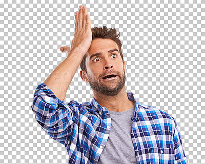 Buy stock photo Mistake, oops and confused with a man in a shirt isolated on a transparent background to express stupidity. Headache, stress and duh with a young male person reacting to an error or accident on PNG