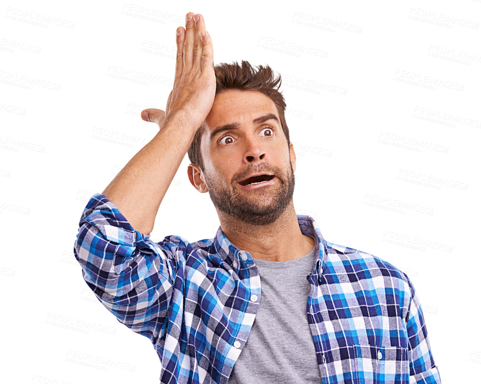 Buy stock photo Mistake, oops and confused with a man in a shirt isolated on a transparent background to express stupidity. Headache, stress and duh with a young male person reacting to an error or accident on PNG