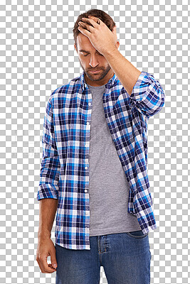 Buy stock photo Headache, stress and a man with a mistake or problem isolated on a transparent png background. Sad, depressed and a tired person with a migraine or pain from insomnia, depression or frustrated