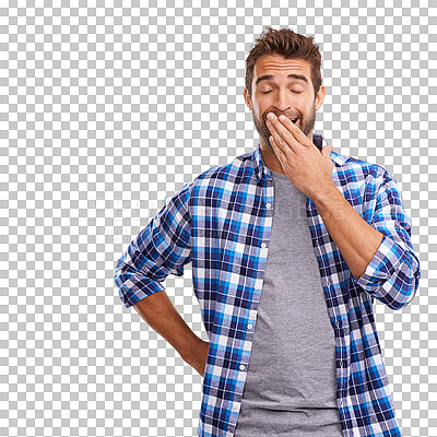 Buy stock photo Face, tired and a man with a yawn while bored and isolated on a transparent png background. Stress, young and a person with fatigue, insomnia or narcolepsy problem while exhausted and yawning
