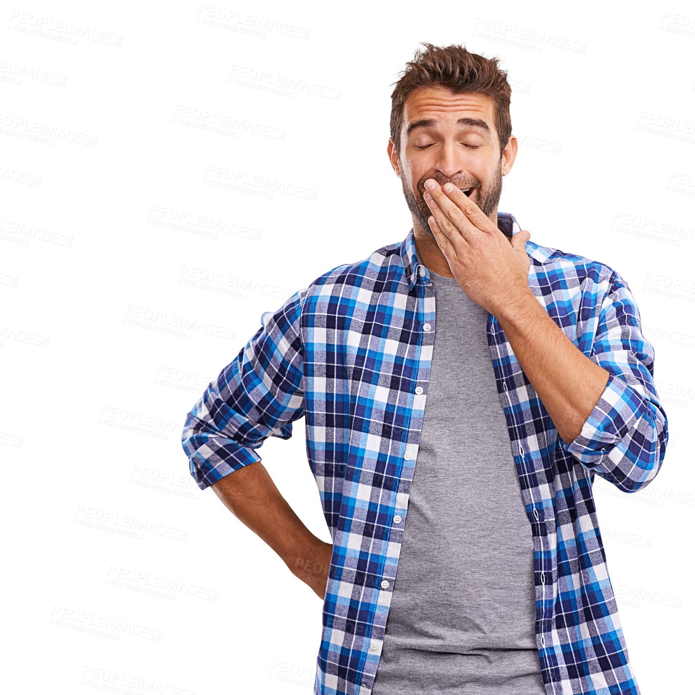 Buy stock photo Face, tired and a man with a yawn while bored and isolated on a transparent png background. Stress, young and a person with fatigue, insomnia or narcolepsy problem while exhausted and yawning