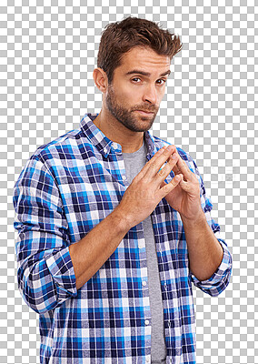 Buy stock photo Portrait, thinking and man with ideas, future and confident guy isolated on a transparent background. Male person, solution and planning with problem solving, png or creative with question or mindset