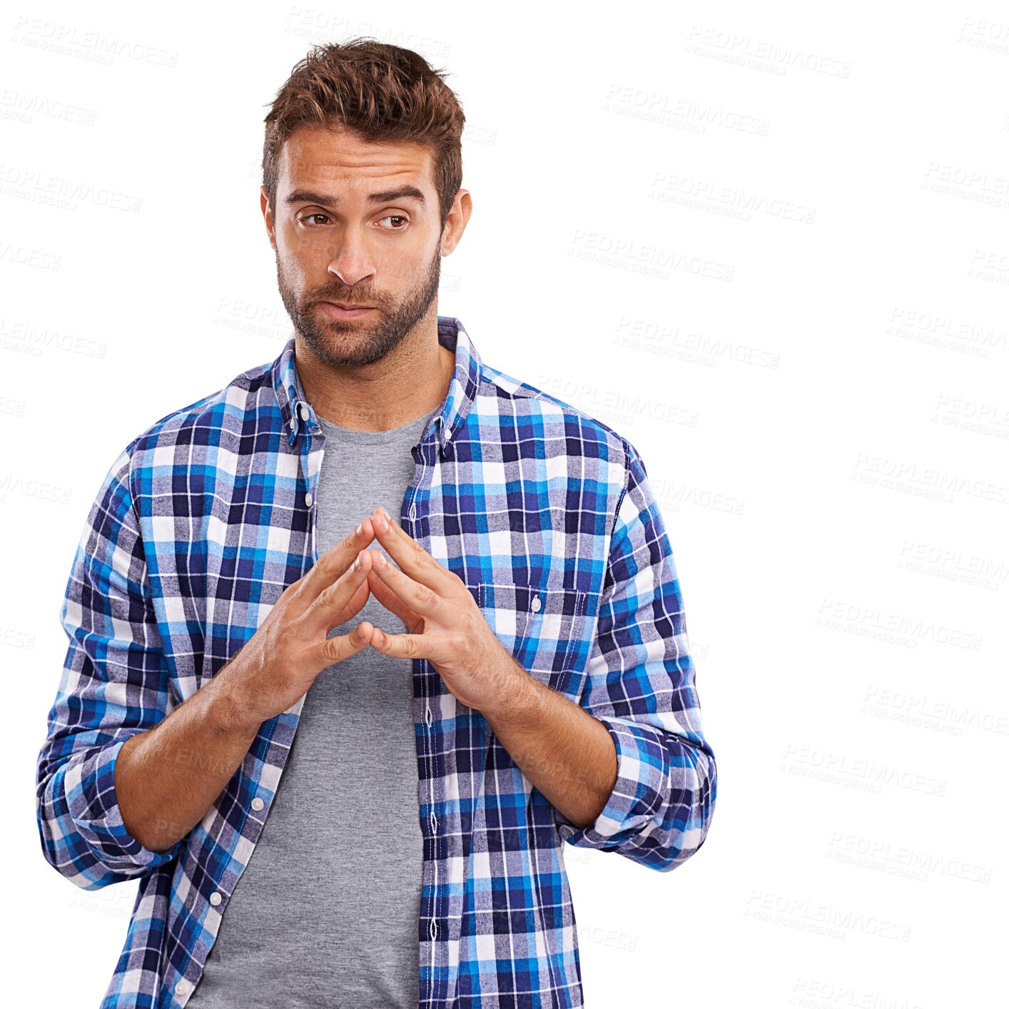 Buy stock photo Thinking, serious and a man with doubt or problem isolated on a transparent png background. Idea, planning and a person with a thought, contemplation or idea about mistake or suspicious plan